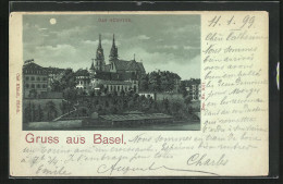 Mondschein-Lithographie Basel, Münster Im Stadtbild  - Basilea