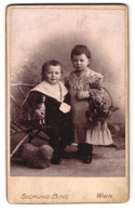 Fotografie Sigmund Bing, Wien, Goldschmidgasse 4, Portrait Hübsch Gekleidetes Kinderpaar Mit Spielzeugpferd  - Anonymous Persons