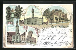 Lithographie Grossenhain, Post, Bismark-Denkmal, Kirche Mit Kaiser-Wilhelm-Denkmal Und Kupferbergthurm  - Grossenhain