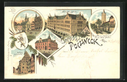 Lithographie Poessneck In Thür., Post, Rathaus, Schule Und Stadtmauer  - Other & Unclassified