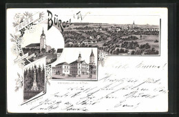 Lithographie Bürgel I. Th., Gasthof Rathskeller Zu Bürgel, Kloster Kirche Z. Thalbürgel Und Kriegerdenkmal  - Other & Unclassified