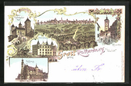Lithographie Rothenburg O. T., Hotel-Hirsch, Klingenthor, Rathaus  - Rothenburg O. D. Tauber