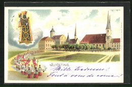Lithographie Altötting, Ortspartie Mit Kirche Und Prozession, Gnadenbild  - Altötting