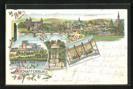 Lithographie Aschaffenburg, Pompejanum, Wintergarten, Monumentalbrunnen  - Aschaffenburg