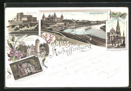 Lithographie Aschaffenburg, Pompejanum, Schloss Mespelbrunn, Stiftskirche  - Aschaffenburg