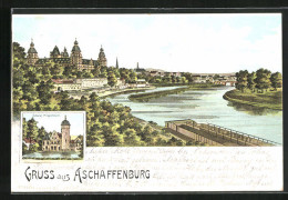 Lithographie Aschaffenburg, Schloss Mespelbrunn, Uferpartie  - Aschaffenburg