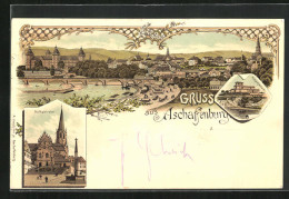 Lithographie Aschaffenburg, Teilansicht, Pompejanum, Stiftskirche  - Aschaffenburg