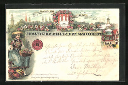 Lithographie Hamburg, Allgemeine Garten Ausstellung 1897, Hamburgerin In Tracht  - Expositions