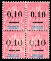 Madagascar 1902 0,10 On 50c Carmine On Rose Both Settings In Block Of 4 Unmounted Mint. - Ongebruikt