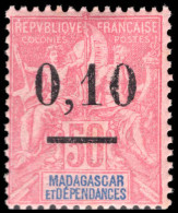 Madagascar 1902 0,10 On 50c Carmine On Rose Type 2 Unmounted Mint. - Neufs
