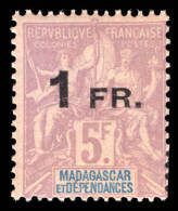 Madagascar 1921 1FR On 5f Mauve And Blue Unmounted Mint. - Unused Stamps