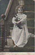 A Smiling Girl Curly Hair Stairs White Dress Cat In Her Arms Fillette Souriante Yeux Rieurs Chat Dans Ses Bras Escalier - Portraits