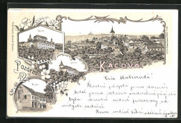 Lithographie Kacov N. S., Posta, Zámek, Skola, Panorama  - Czech Republic
