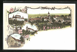 Lithographie Kacov N. S., Posta, Zámek, Skola, Panoramablick Auf Die Ortschaft  - Czech Republic