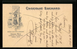 AK Reklame Für Chocolat Suchard, Mädchen Nascht Schokolade Aus Einer Schachtel, Grand Prix Paris 1900, Ganzsache  - Cultures