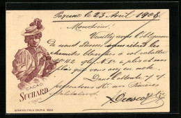 AK Reklame Für Cacao Suchard, Elegant Gekleidetes Fräulein Trinkt Kakao, Grand Prix Paris 1900, Ganzsache  - Cultures