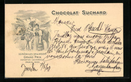 AK Reklame Für Chocolat Suchard, Bauernpaar Mit Milchkuh, Grand Prix Paris 1900, Ganzsache  - Landbouw