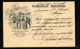 AK Reklame Für Chocolat Suchard, Bauernpaar Mit Milchkuh, Grand Prix Paris 1900, Ganzsache  - Culture