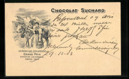 AK Reklame Für Chocolat Suchard, Bauernpaar Mit Milchkuh, Grand Prix Paris 1900, Ganzsache  - Landbouw