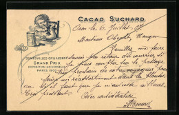 AK Reklame Für Cacao Suchard, Mädchen Sitzt Am Tisch Und Trinkt Kakao, Grand Prix Paris 1900  - Cultivation
