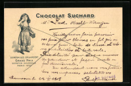AK Reklame Für Chocolat Suchard, Mädchen Trägt Eine Kiste Schokolade Und Gibt Einen Handkuss, Grand Prix Paris 1900  - Culture