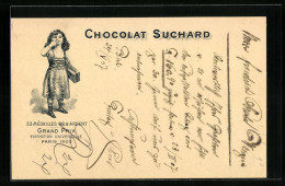 AK Reklame Für Chocolat Suchard, Mädchen Trägt Eine Kiste Schokolade Und Gibt Einen Handkuss, Grand Prix Paris 1900  - Landwirtschaftl. Anbau