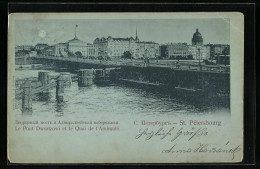 Mondschein-AK St. Petersburg, Le Pont Dwortzowi Et Le Quai De L`Amiraute  - Russie