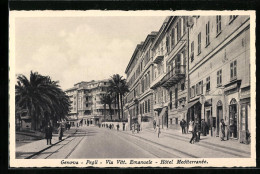Cartolina Genova, Pegli, Via Vitt. Emanuele, Hotel Mediterranee  - Genova (Genoa)