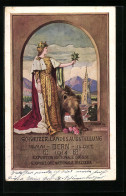 Künstler-AK Bern, Schweizerische Landesausstellung 1914, Teilansicht Mit Kirche U. Frau Im Hermelinmantel Mit Berner   - Expositions