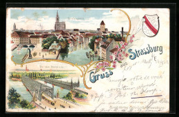 Lithographie Strassburg I. E., Neue Rheinbrücke, Vue Générale, Stadtwappen  - Other & Unclassified