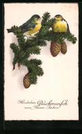 Künstler-AK Glückwünsche Zum Neujahr, Vögel Auf Tannenzweigen  - New Year