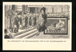 Künstler-AK Düsseldorf, Rheinische Briefmarken-Ausstellung 1936, Die Schirmherrin Trifft Ein, Ganzsache  - Francobolli (rappresentazioni)