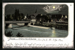 Mondschein-Lithographie Untertürkheim, Ortsansicht Mit Brücke Und Kirchturm  - Autres & Non Classés