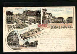 Lithographie Karlsruhe, Marktplatz Mit Rathaus, Kaiserstrasse, Hotel Germann  - Karlsruhe