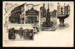 Lithographie Nürnberg, Das Peller Haus, Der Schöne Brunnen, Gänsemännchen  - Nuernberg