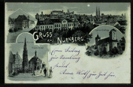 Mondschein-Lithographie Nürnberg, Dürerhaus, Kaiser-Stallung, Schöner Brunnen Und Frauen-Kirche  - Nürnberg