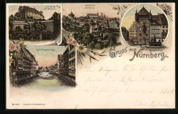 Lithographie Nürnberg, Hallertor Mit Burg, Nassauer Haus, Die Fleischbrücke  - Nuernberg