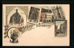 Lithographie Nürnberg, Frauen-Kirche, Gänsemännchen, Tugendbrunnen  - Nuernberg