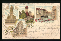 Lithographie Nürnberg, Museumbrücke, Burg Luginsland, Toppler-Haus  - Nuernberg