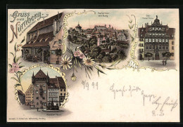 Lithographie Nürnberg, Gasthaus Bratwurstgläcllein, Nassauer Haus, Das Peller Haus  - Nürnberg