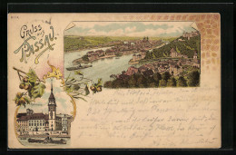 Lithographie Passau, Ortsansicht Aus Der Vogelschau, Rathaus, Haselnuss-Zweig  - Passau