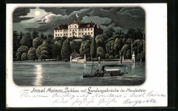 Lithographie Insel Mainau, Schloss Mit Landungsbrücken Und Dampfer Im Mondschein  - Autres & Non Classés
