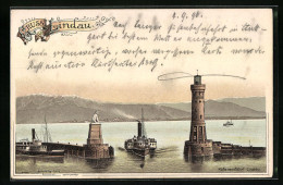 Lithographie Lindau I. B., Hafeneinfahrt Mit Leuchtturm  - Lindau A. Bodensee