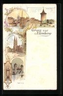 Lithographie Nürnberg, Museumsbrücke, Lauter Thor, St. Lorenz Kirche, Heukersteg  - Nürnberg