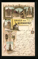 Lithographie Nürnberg, Nassauer Haus, Thiergärtner Thor, Tugendbrunnen  - Nürnberg