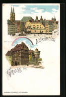 Lithographie Nürnberg, Marktplatz Mit Sebalduskirche, Albrecht Dürer Haus  - Nuernberg