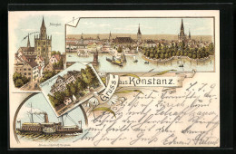 Lithographie Konstanz, Schloss Mainau, Münster, Dampfer Im Hafen  - Konstanz