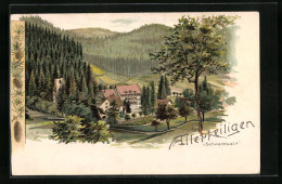 Lithographie Allerheiligen /Schwarzwald, Ortsansicht Mit Bewaldeten Hügeln  - Autres & Non Classés