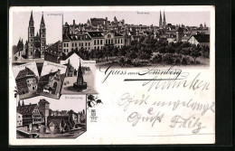 Lithographie Nürnberg, Gasthof Bratwurstglöcklein, Dürerhaus, Henkersteg  - Nuernberg