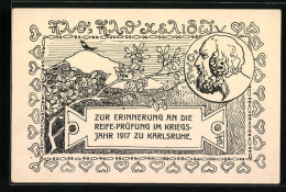 Künstler-AK Karlsruhe, Erinnerungskarte An Reife-Prüfung 1917 - Singender Vogel, Ornamente  - Autres & Non Classés
